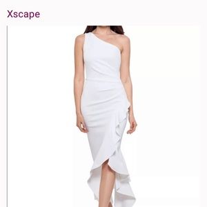 Escape White Asymmetric Ruffle  dress. Sheer Sleeve added. One of a kind!
